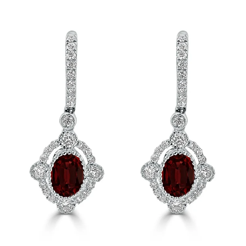 vine-inspired earrings-Auriya 7/8ct Fancy Oval-cut Garnet Halo Diamond Dangle Earrings 7/8ctw 18k Gold