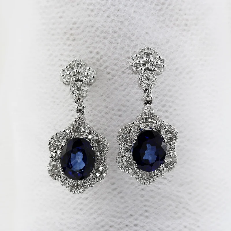 tendril engraved earrings-Auriya Fancy 7 9/10ct Royal Blue Sapphire Oval and 1 7/8ctw Diamond Drop Earrings 18K Gold