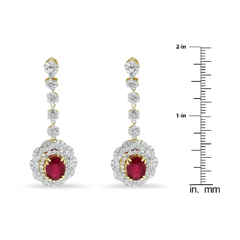 narrow bar earrings-Auriya Fancy Oval-Shaped 6ct Red Ruby and 2 7/8ct TDW Diamond Dangle Earrings in 14Kt Yellow Gold