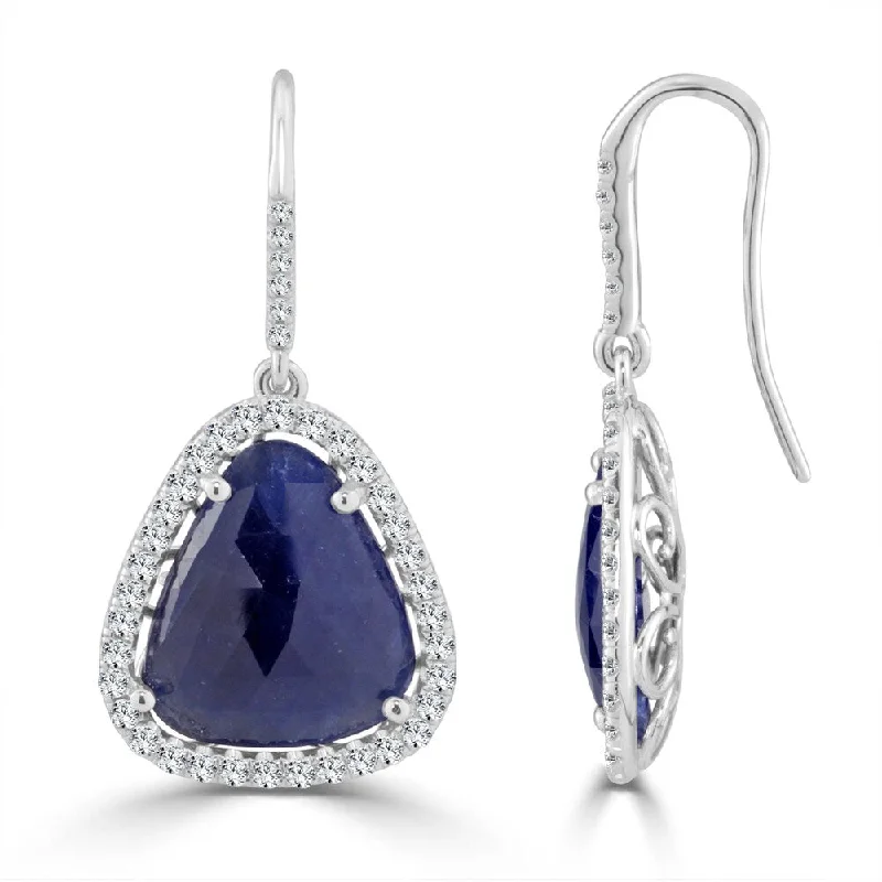 cast stud earrings-Auriya Fancy Shaped 15ct Blue Sapphire and 1 1/5ctw Halo Diamond Drop Earrings 14k White Gold