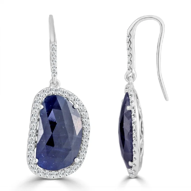 mini letter earrings-Auriya Fancy Shaped 15ct Blue Sapphire and 1 1/5ctw Halo Diamond Drop Earrings 14k White Gold