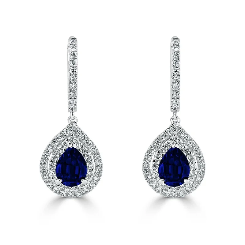 tendril chandelier earrings-Auriya Fancy Teardrop 2 5/8ct Blue Sapphire and 1.03ct Diamond Double Halo Dangle Earrings 18k Gold