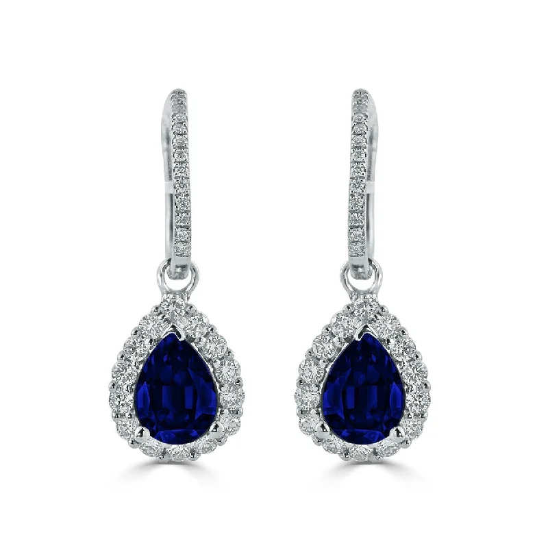 moonstone stone earrings-Auriya Fancy Teardrop 2 5/8ct Blue Sapphire and 5/8ct Diamond Halo Dangle Earrings 18k Gold