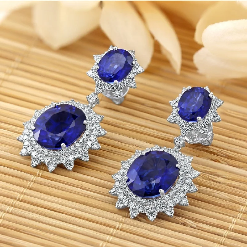 moonstone stone earrings-Auriya Vintage 28 1/2ct Royal Blue Sapphire and 3 9/10ctw Halo Diamond Dangle Earrings 18K Gold