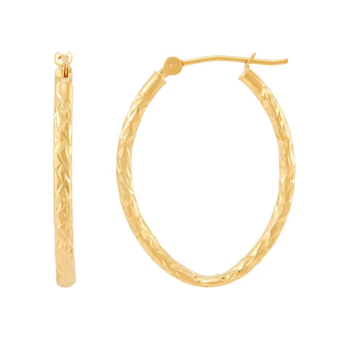 rose gold twisted earrings-Mountz Collection Diamond Cut 2mm x 25mm x 20mm Oval Tube Hoop Earrings in 14K Yellow Gold