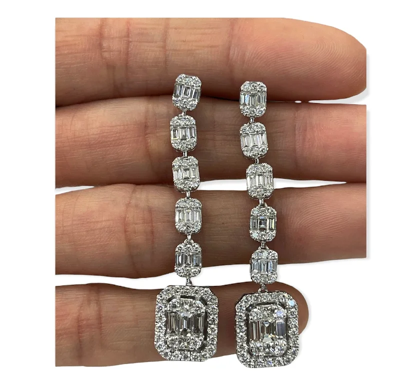 stretchable silver earrings-Baguettes and Round Brilliants Cluster Diamond Dangling Earrings 18kt