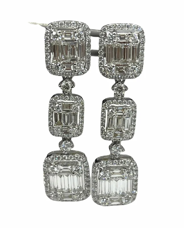 arched modern earrings-Baguettes Dangling Diaomond Earrings with Round Brilliant Accents 18kt