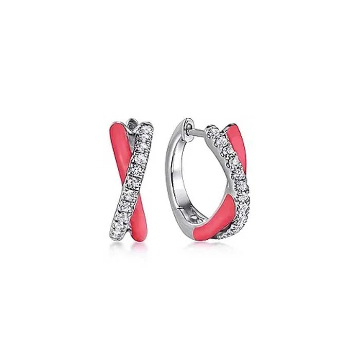 cast silver earrings-Gabriel White Sapphire and Pink Enamel Crossover Hoop Earrings in Sterling Silver