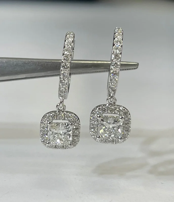 elegant lattice earrings-Cushion Brilliant Halo Diamond Dangle Earrings 18kt White Gold