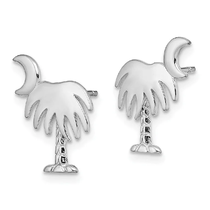 six-gem chandelier earrings-Diamond2Deal 14K White Gold White Charleston Palm Tree w/Moon Stud Earrings (L- 14.97 mm, W- 13.28 mm)