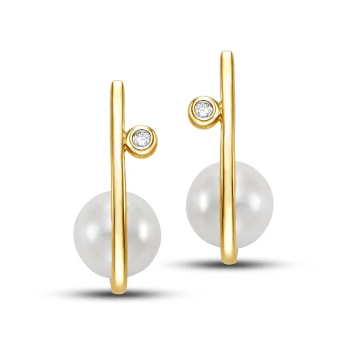 stretchable gold earrings-Mastoloni 8-8.5mm Freshwater Cultured Pearl J-Hoop Earring with Diamond Accent in 14K Yellow Gold