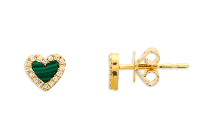 steel stud earrings-Earrings 14kt Gold Hearts Malachite & Diamonds Studs