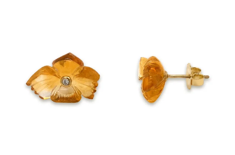 cast stud earrings-Earrings 18kt Gold Citrine Asymmetrical Carved Flowers & Diamonds