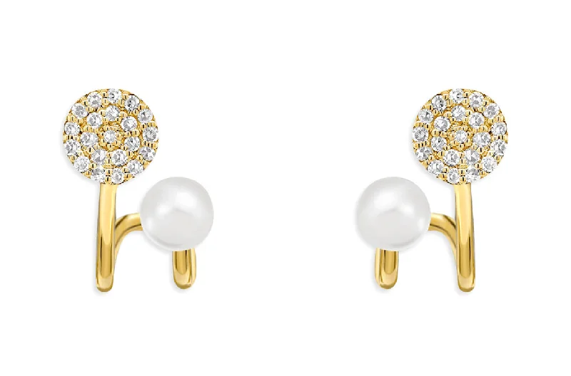 narrow birthstone earrings-Earrings 18kt Gold Double Pearl & Diamonds Disc Huggies