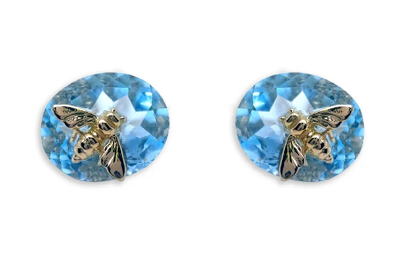 wave-shaped charm earrings-Earrings 18kt Gold Oval Blue Topaz & Bug Studs