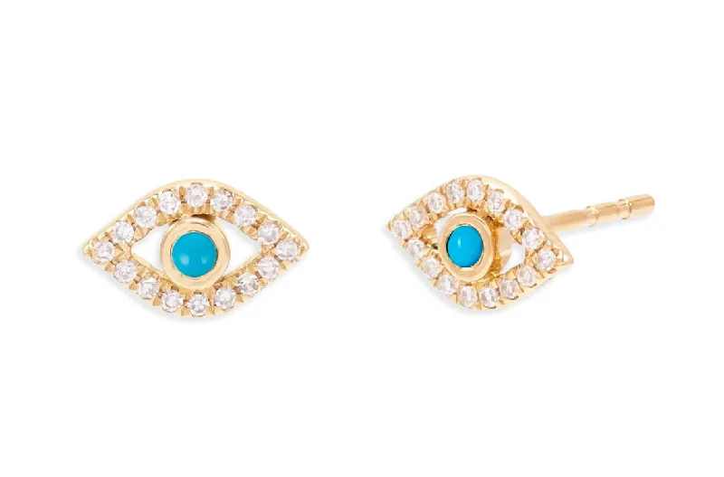 elegant lattice earrings-Earrings 18kt Yellow Gold Turquoise & Diamonds Evil Eye Studs