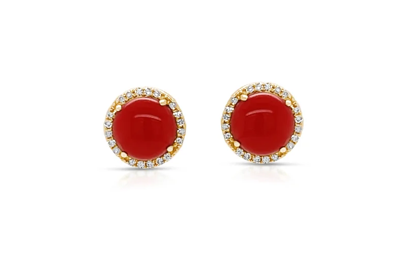 vintage-style earrings-Earrings 18Kt Gold Natural Coral & Diamonds Halo