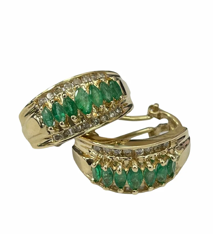 steel drop earrings-Emerald Gem With Round Brilliants Diamond Huggie Earrings 14kt