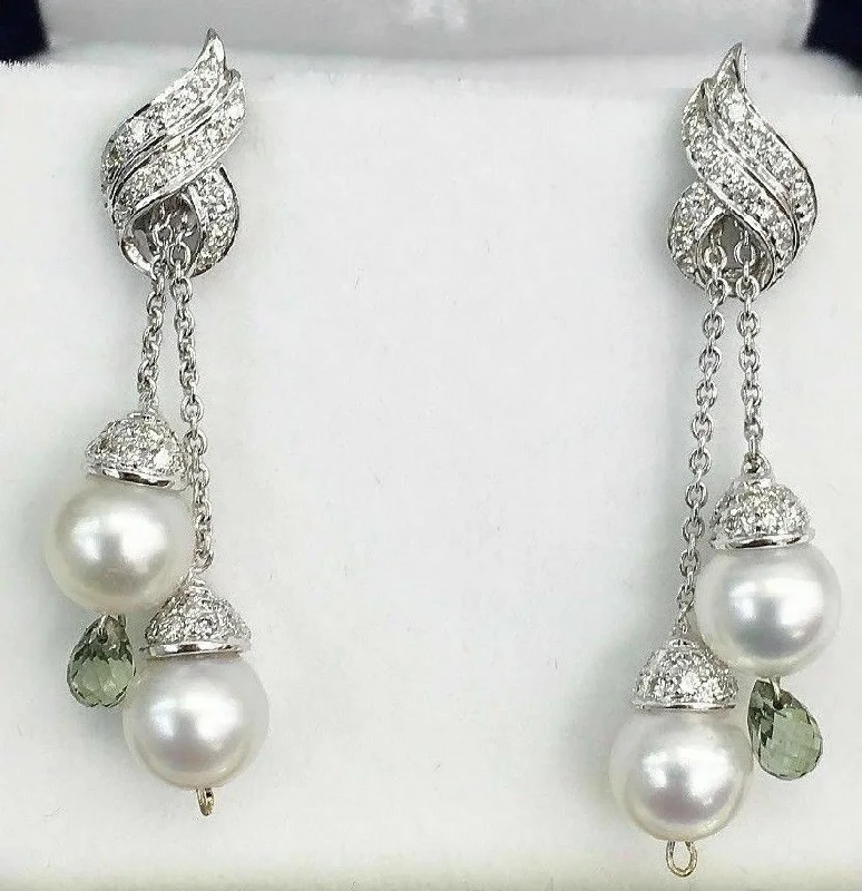 custom nebula earrings-FINE 18kt White Gold Diamond and Pearl Drop Earrings