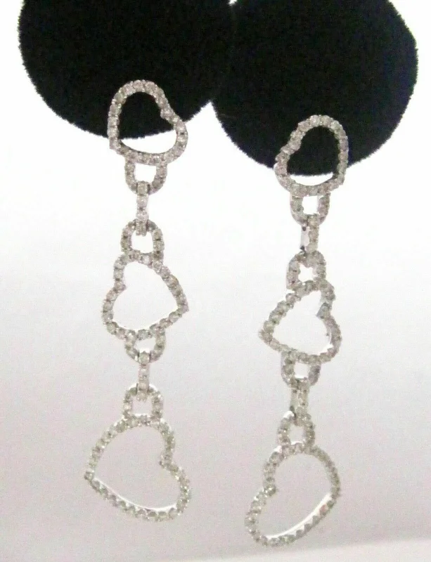 narrow gemstone earrings-Fine 3 Hearts Dangling Round Diamond Earrings G SI-1 18k White Gold Push Back