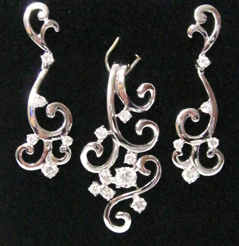 ribbed silver earrings-Fine Art Deco-Style Earrings & Necklace Set G VS1 Push Back 14k White Gold