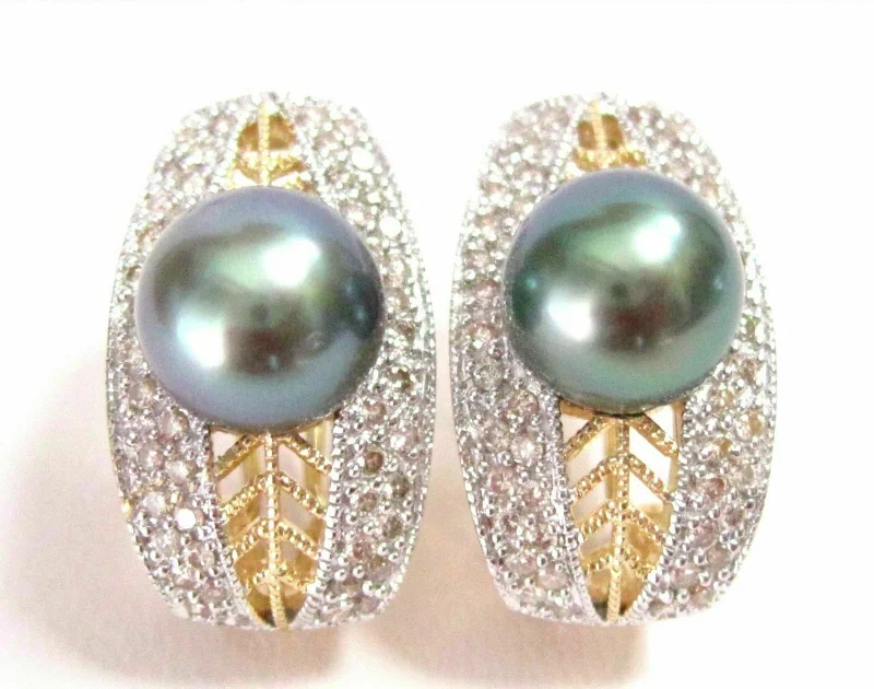 lavish statement earrings-Fine Silver Green Pearl Diamond Huggie Earrings 14kt Yellow Gold