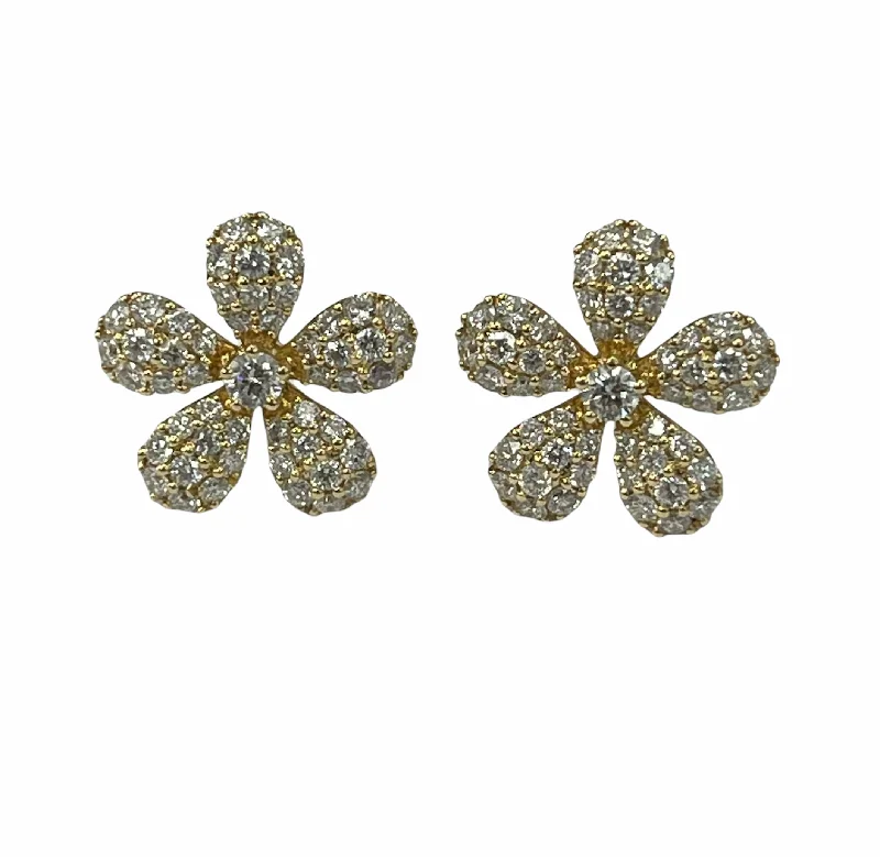 carved monogram earrings-Flower Round Brilliants Diamond Five Petals Earrings Yellow Gold