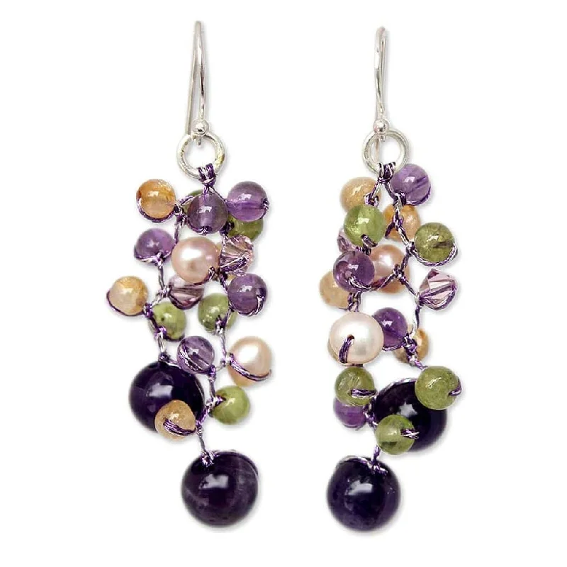 vintage pearl drop earrings-Handmade Multi-gemstone 'Mystic Passion' Pearl Earrings (3.5-4 mm) (Thailand)