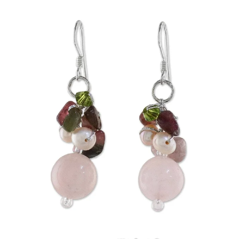 rover peridot earrings-Handmade Romantic Pearl Rose Quartz Earrings (Thailand)