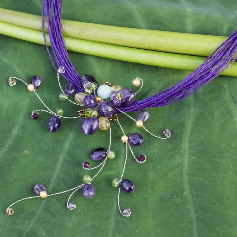 tendril charm earrings-Handmade Stainless Steel 'Floral Joy' Multi-gemstone Choker (Thailand) - Blue