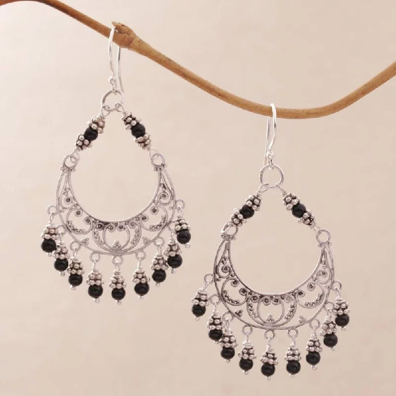 twisted drop earrings-Handmade Sterling Silver 'Dark Crescent' Onyx Earrings (Indonesia) - 1.1L*1.4W