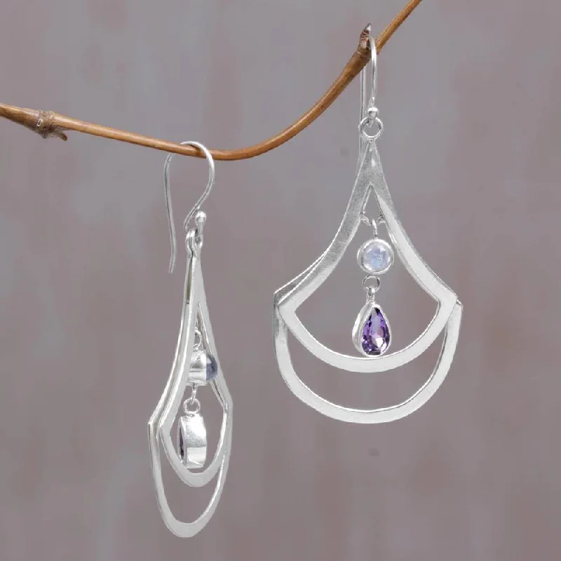 tendril sapphire earrings-Handmade Sterling Silver 'Glory of Purple' Amethyst Rainbow Moonstone Earrings (Indonesia) - 2.5L* 1.3W