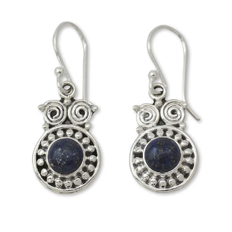 rover chandelier earrings-Handmade Sterling Silver 'Intuitive Owl' Lapis Lazuli Earrings (India)