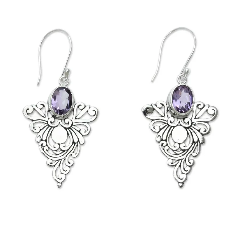 lavish cocktail earrings-Handmade Sterling Silver 'Java Peacock' Amethyst Earrings (Indonesia)