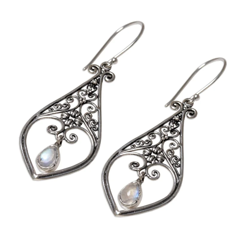 robust gemstone earrings-Handmade Weeping Hearts Sterling Silver Rainbow Moonstone Earrings (Indonesia) - 2*0.7