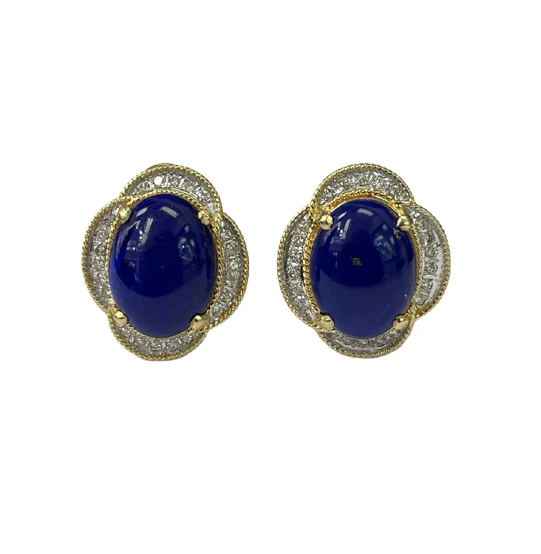 vine-inspired stud earrings-Lapis Oval Gem Diamond Earrings Yellog Gold 14kt