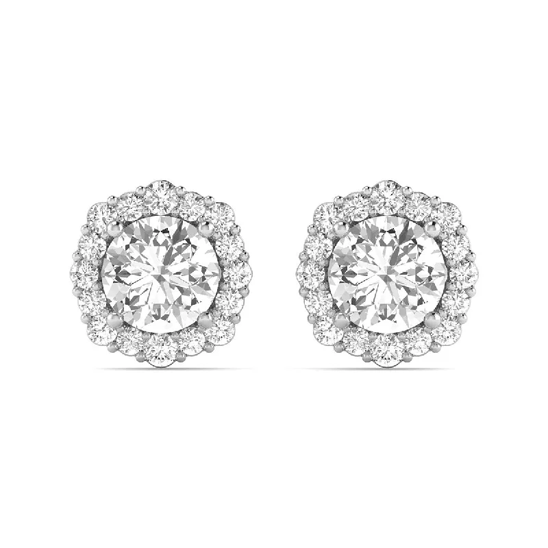 wave-shaped earrings-Marquee 3/4 Carat TW Floral Halo Diamond Stud Earrings in 14K White Gold