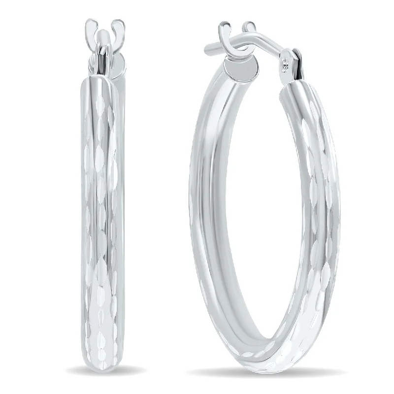 carved monogram earrings-Marquee Jewels 10K White Gold Shiny Diamond Cut Engraved Hoop Earrings (18mm)