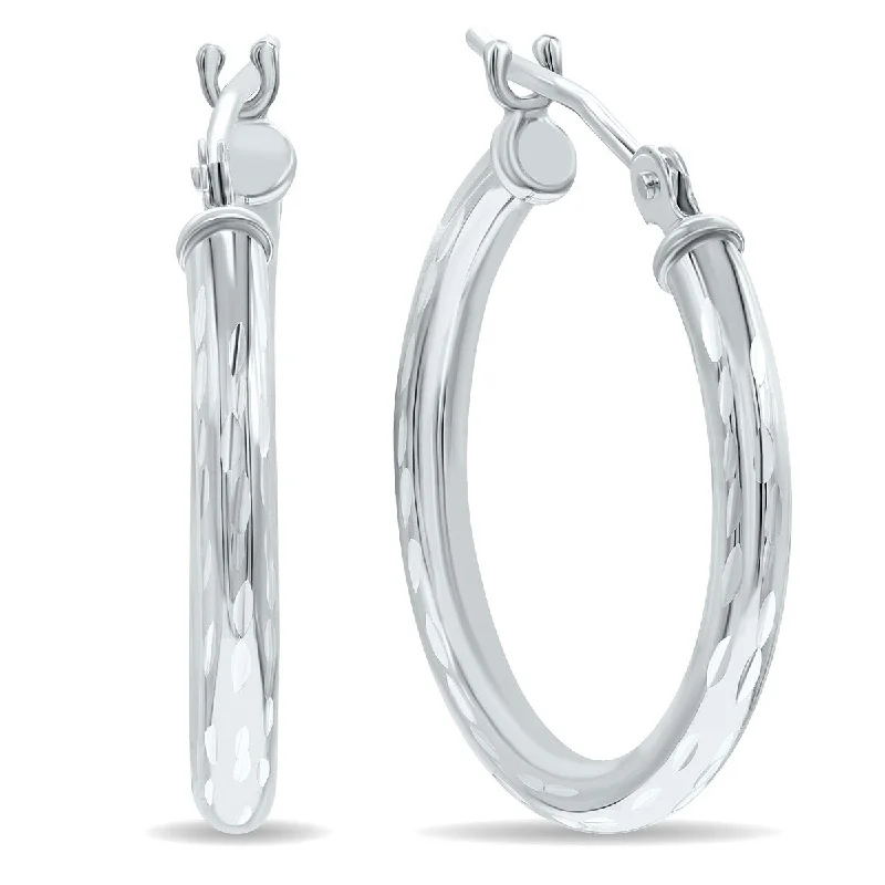 vintage-style earrings-Marquee Jewels 10K White Gold Shiny Diamond Cut Engraved Hoop Earrings (20mm)