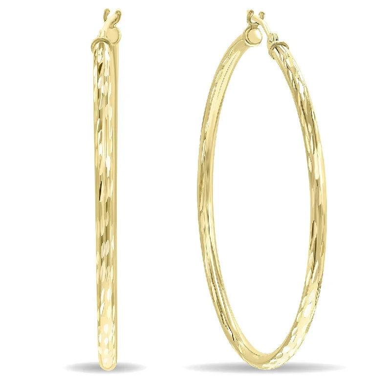 rose gold wave earrings-Marquee Jewels 10K Yellow Gold Shiny Diamond Cut Engraved Hoop Earrings (40mm)