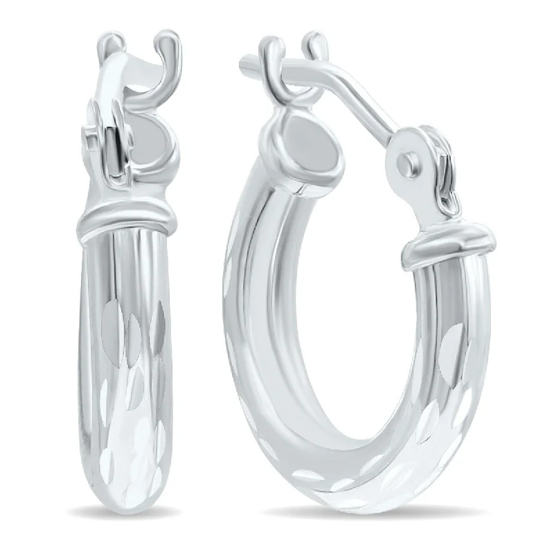 custom nebula earrings-Marquee Jewels 14K White Gold Shiny Diamond Cut Engraved Hoop Earrings (12mm)