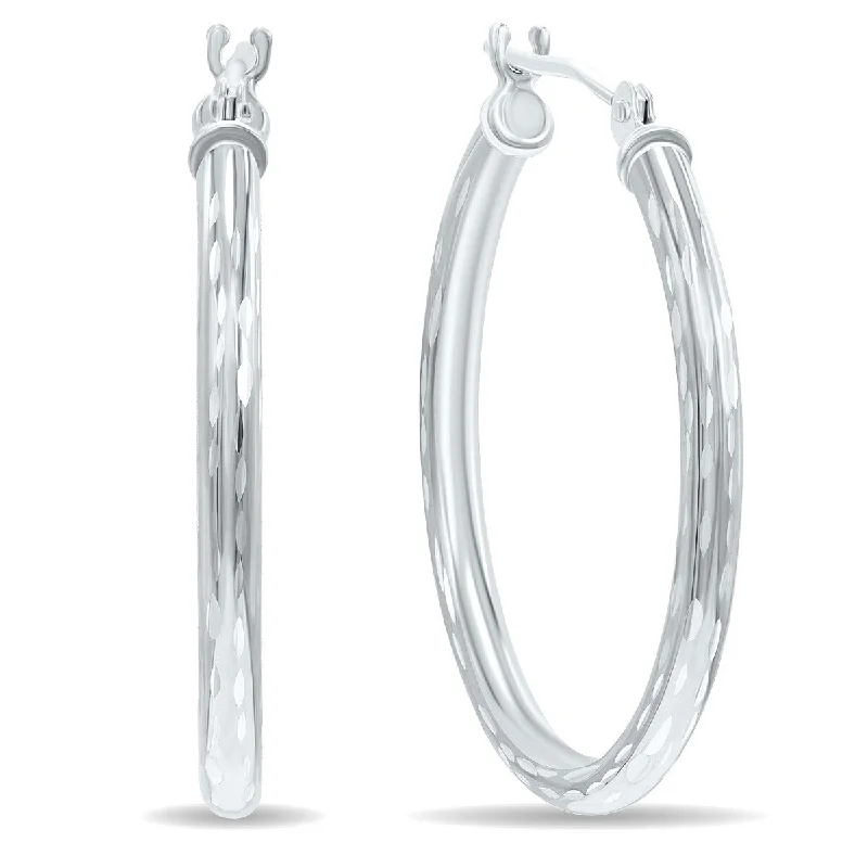 vintage pearl drop earrings-Marquee Jewels 14K White Gold Shiny Diamond Cut Engraved Hoop Earrings (25mm)