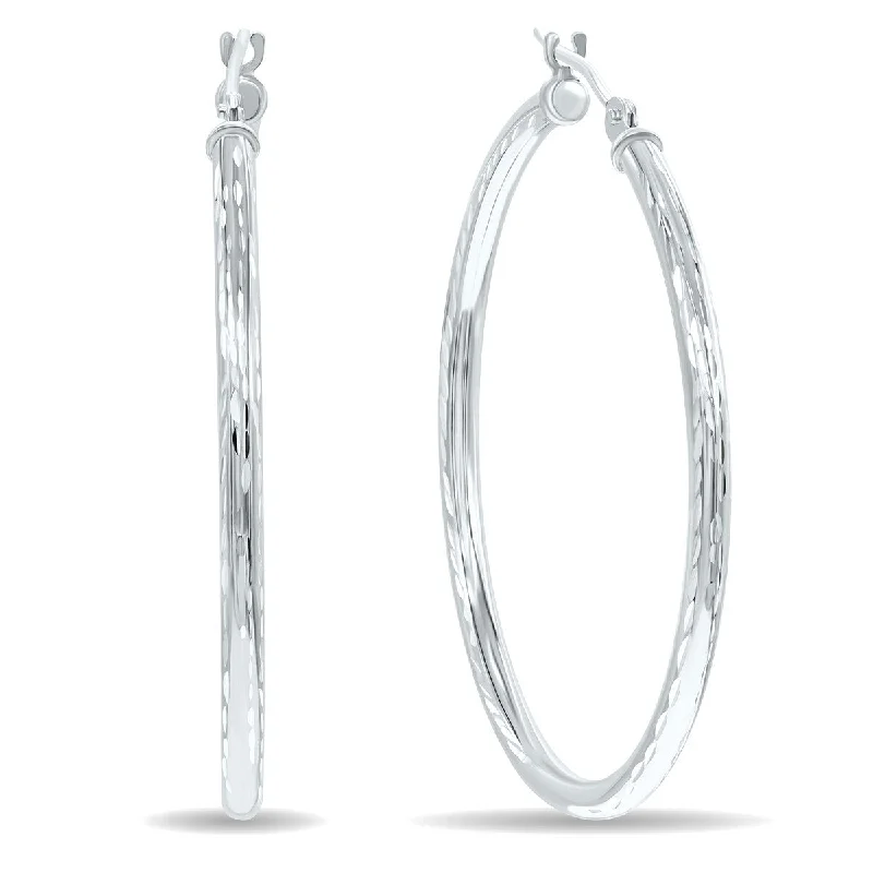 tendril engraved earrings-Marquee Jewels 14K White Gold Shiny Diamond Cut Engraved Hoop Earrings (35mm)