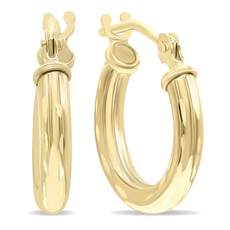 weathered gold earrings-Marquee Jewels 14K Yellow Gold Shiny Diamond Cut Engraved Hoop Earrings (14mm)