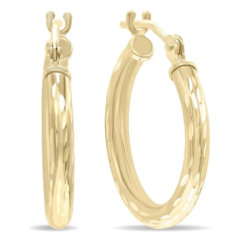 tendril charm earrings-Marquee Jewels 14K Yellow Gold Shiny Diamond Cut Engraved Hoop Earrings (16mm)