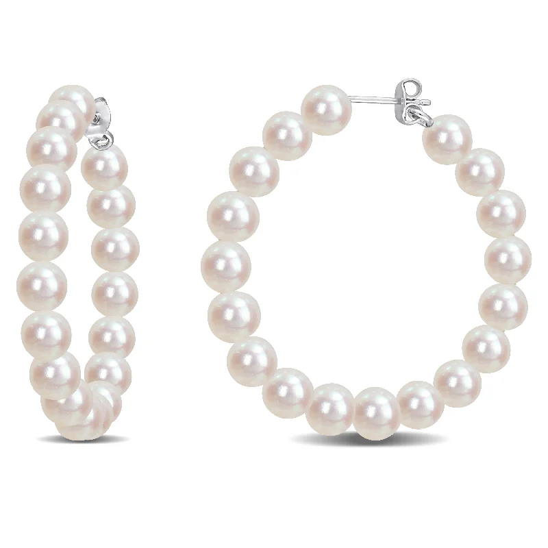 narrow drop earrings-Miadora 6-6.5mm Cultured Freshwater Pearl Hoop Earrings in Sterling Silver