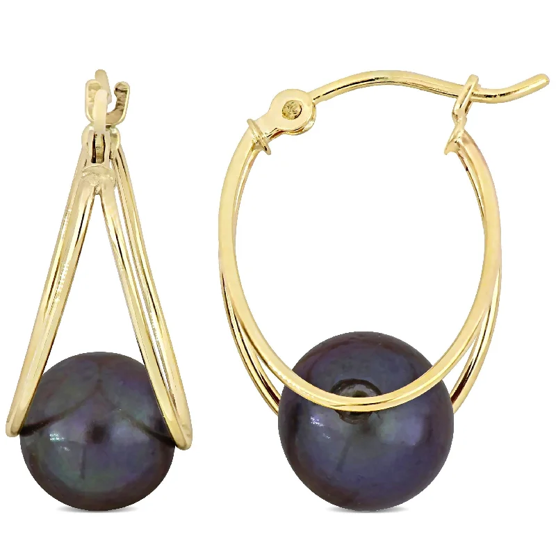 peridot chandelier earrings-Miadora 8-8.5mm Cultured Freshwater Black Pearl Drop Hoop Earrings in 10k Yellow Gold