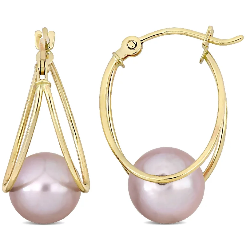 cast stud earrings-Miadora 8-8.5mm Cultured Freshwater Pink Pearl Drop Hoop Earrings in 10k Yellow Gold