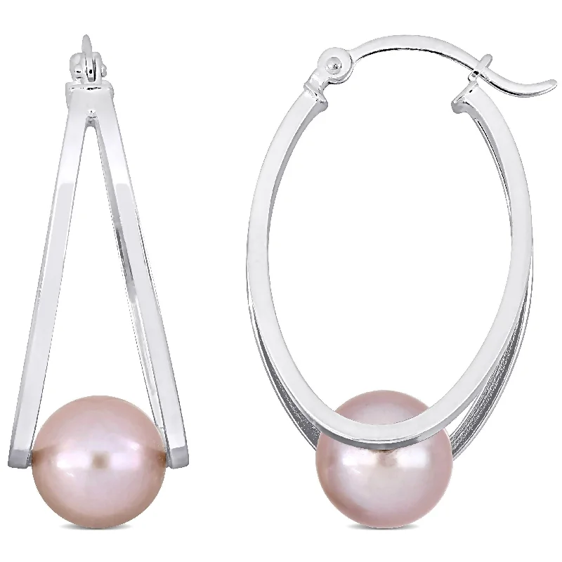 baroque emerald hoop earrings-Miadora 8-8.5mm Cultured Freshwater Pink Pearl Hoop Earrings in Sterling Silver