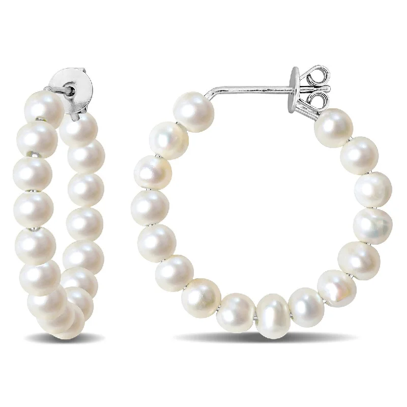 elegant lattice earrings-Miadora Cultured Freshwater Pearl Hoop Earrings Sterling Silver